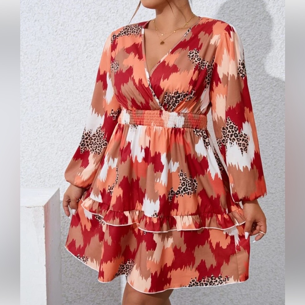 Plus Leopard Print Lantern Sleeve Ruffle Hem Beautiful Dress